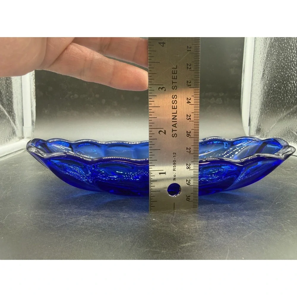 Vintage Cobalt Blue Glass Relish Dish Scalloped Sunburst Oval Serving Bowl 8.5